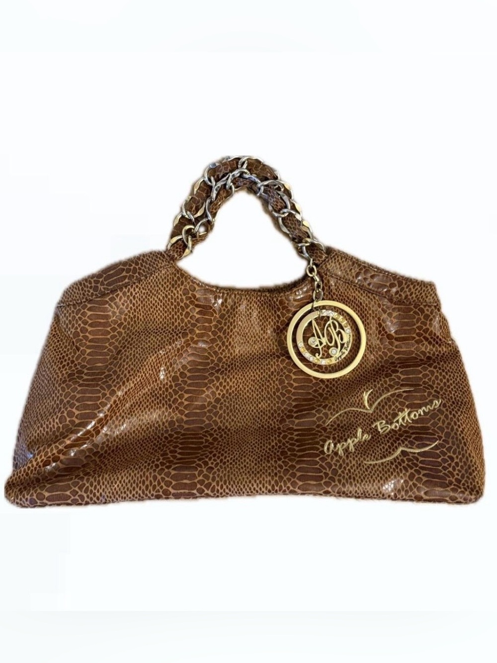 Apple Bottoms Brown Faux-Snakeskin Chain-Handle Shoulder Bag with Gold Charm